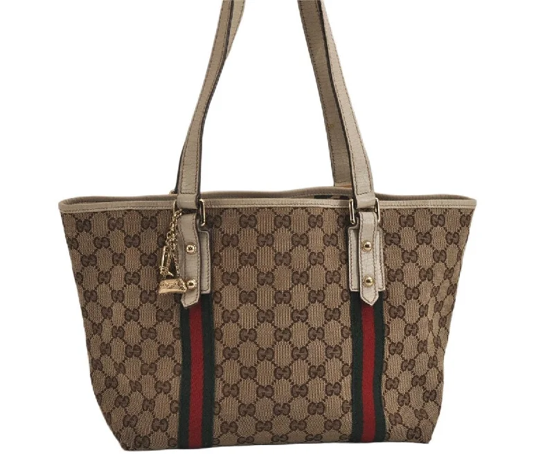 Gucci handbags for women with a patent - leather finishAuthentic GUCCI Web Sherry Line Tote Bag GG Canvas Leather 137396 Brown 0072K