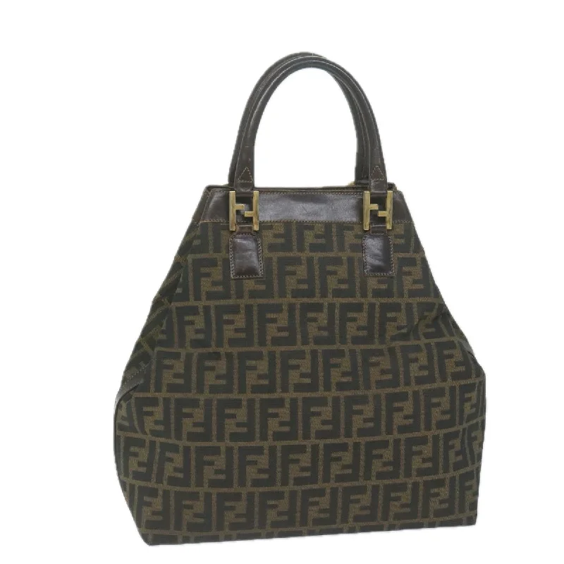 Fendi tote bags with a snap - button closure and a decorative charm for a fashionable and personalized lookFENDI Zucca Canvas Hand Bag Black Brown  yk10338