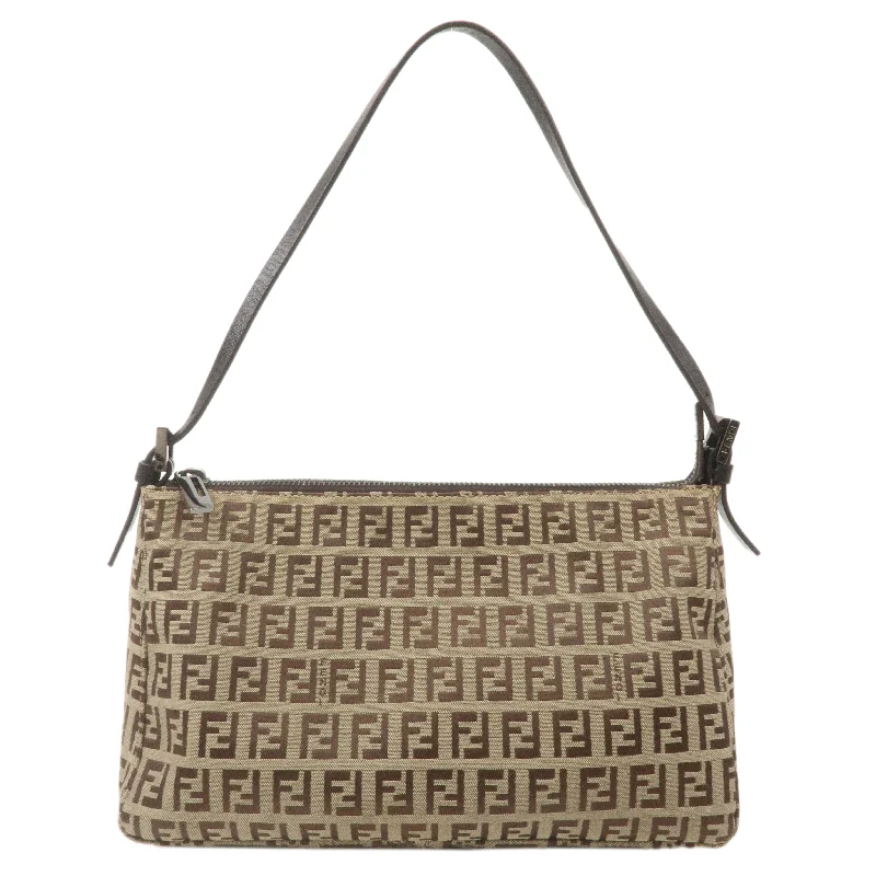 Fendi tote bags with a printed Fendi logo on the front for high brand visibilityFENDI Zucchino Canvas Leather Shoulder Bag Pouch Brown 8BR156