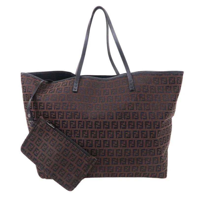 Fendi tote bags with a spacious interior and multiple pockets for daily essentialsFENDI Zucchino Canvas Leather Tote Bag Black Brown 8BH005