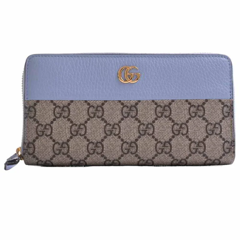 Women Gucci bags with a snap - button closure and a decorative charmGucci GG Supreme Marmont Zip Around Long Wallet Beige/Blue PVC Leather