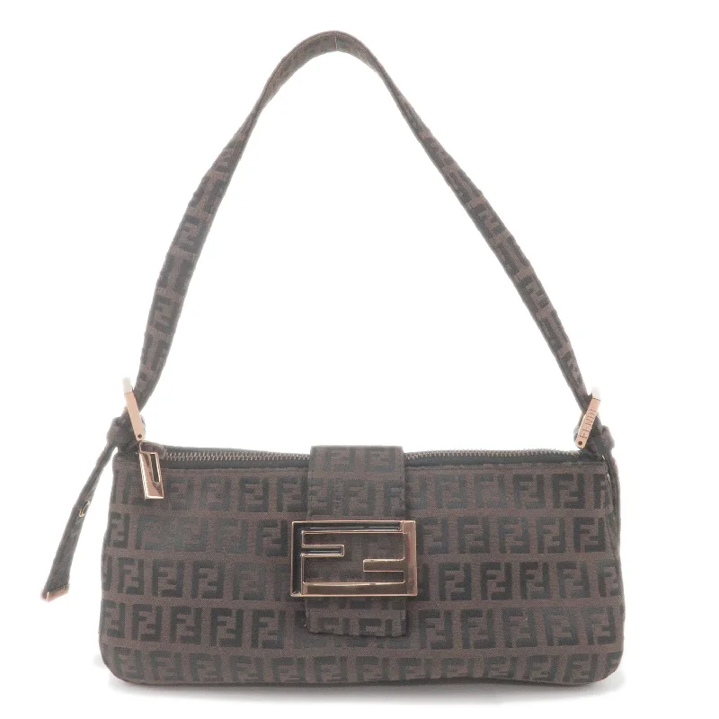 Fendi tote bags with a spacious interior and multiple pockets for daily essentialsFENDI Zucchino Canvas Shoulder Bag Black Brown 8BR034