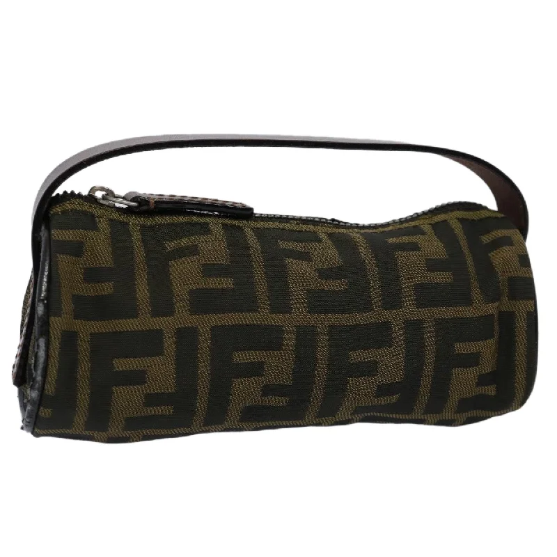 Fendi bags with a zip - top closure and a front - pocket for quick access to keys and cardsFENDI Zucca Canvas Hand Bag Black Brown 2257 26553 009  am5322