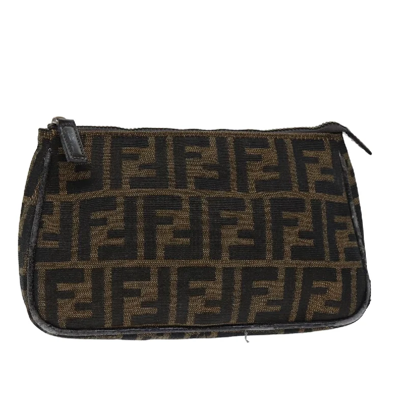 Fendi Baguette bags featuring the iconic FF logo plaque for a branded lookFENDI Zucca Canvas Pouch Brown Black  bs15782