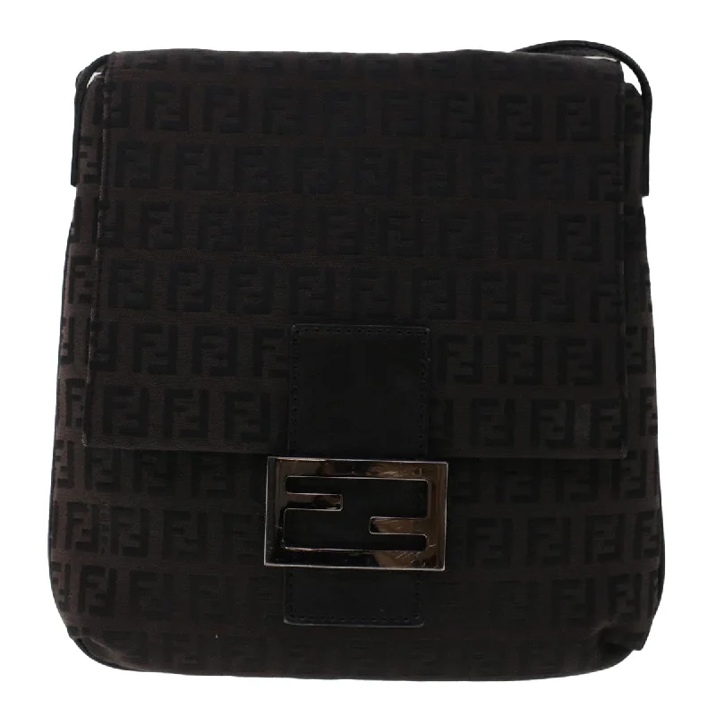 Fendi handbags with a perforated leather detail for a breathable and unique designFENDI Zucchino Canvas Shoulder Bag Dark Brown Auth fm2601