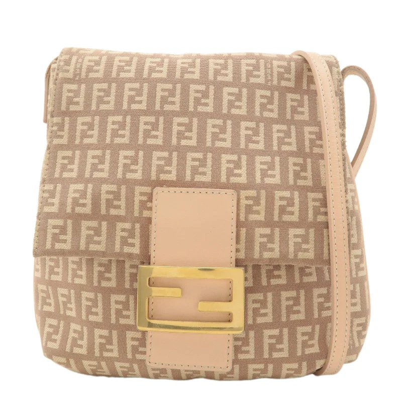 Fendi crossbody bags with a detachable ID holder for easy identificationFENDI Zucchino Canvas Leather Shoulder Bag Pink Beige 8BT075