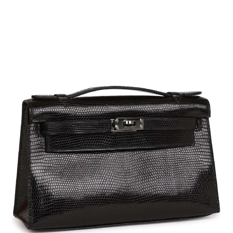 Hermes Kelly Pochette Black Lizard Ruthenium Hardware