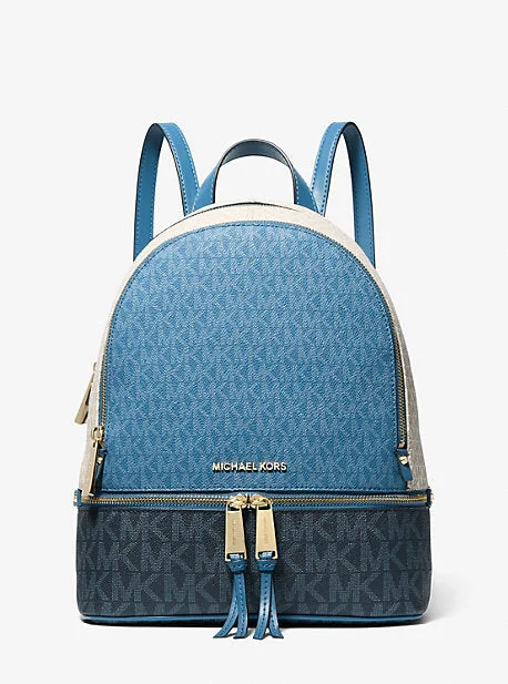 smooth leather Michael Michael Kors handbags for a sleek lookMK Rhea Medium Color-Block Logo Backpack - Blue - Michael Kors