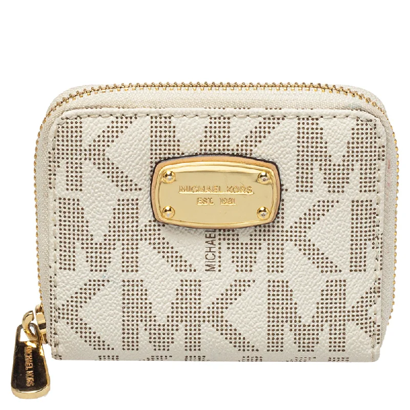 pebbled leather Michael Michael Kors Bags for durabilityWhite Signature Coated Canvas Zip Around Compact Wallet