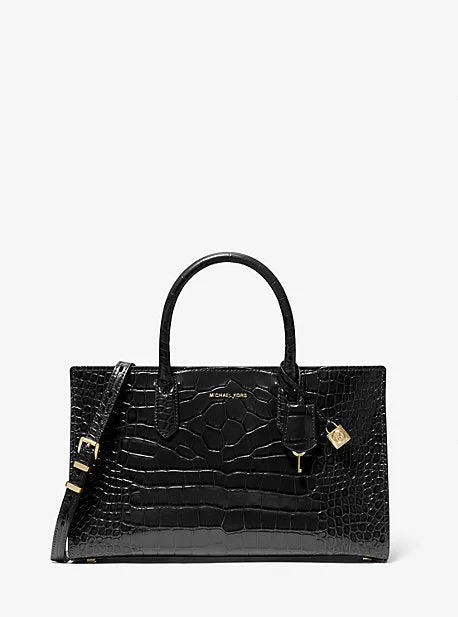 Michael Michael Kors backpacks for students and travelersMK Scarlett Medium Crocodile Embossed Patent Leather Satchel - Black - Michael Kors