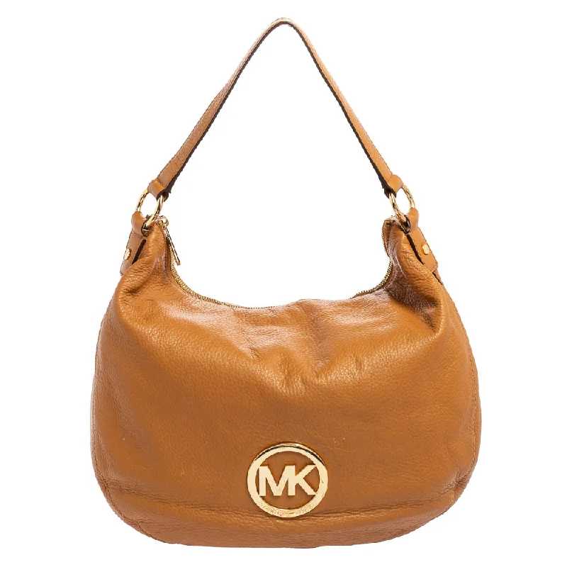 Michael Michael Kors Bags for yoga classes with a soft and flexible materialCaramel Brown Leather Logo Zip Hobo