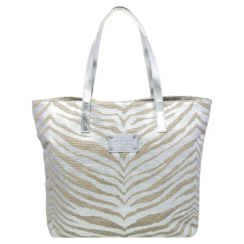 Michael Michael Kors hobo bags with adjustable straps for comfortable carryingSilver/Beige Canvas And Patent Leather Tote