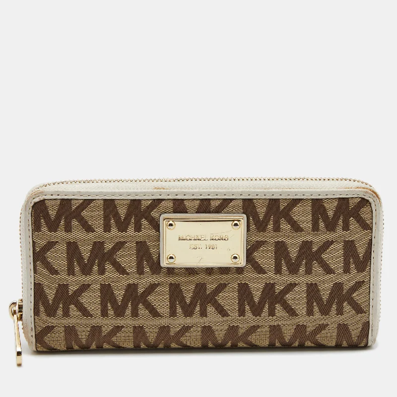 Michael Michael Kors Bags for plane trips with a TSA - friendly designBeige/White Signature Canvas and Leather Zip Around Wallet