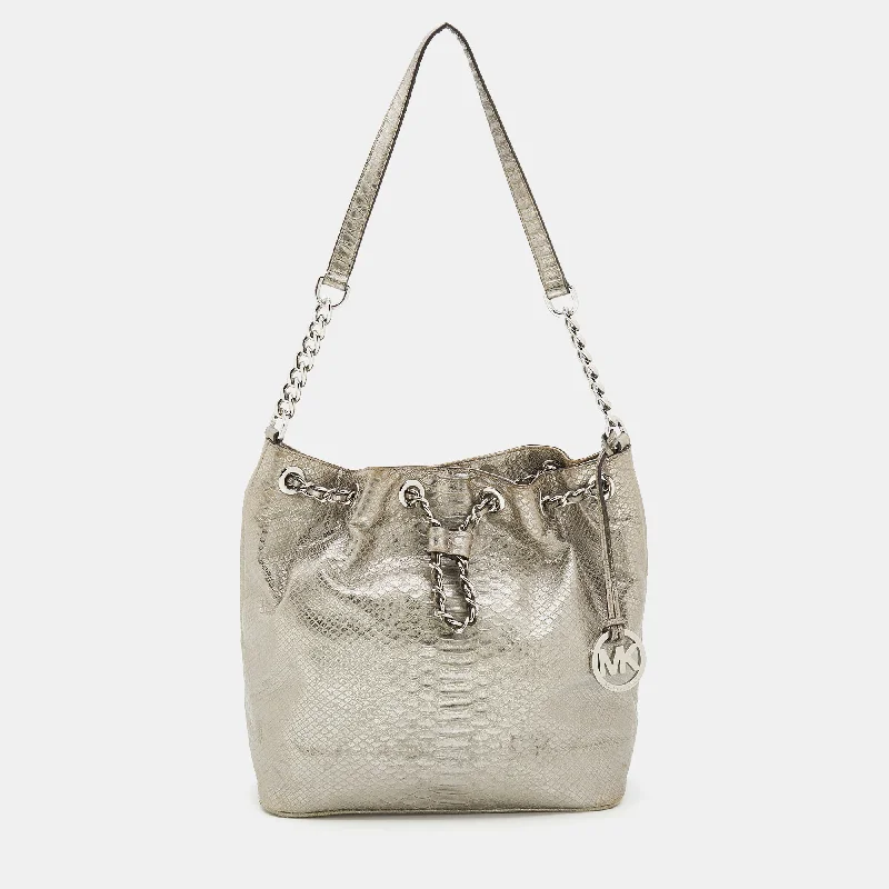 Michael Michael Kors Bags for solo travelers for a sense of luxury on the goMetallic Silver Python Embossed Leather Frankie Drawstring Bag