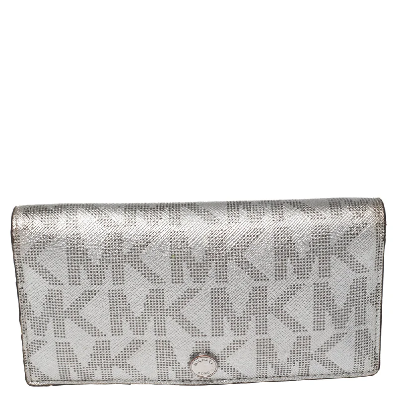 floral - designed Michael Michael Kors totes for garden partiesMetallic Silver Signature Coated Canvas Bifold Wallet