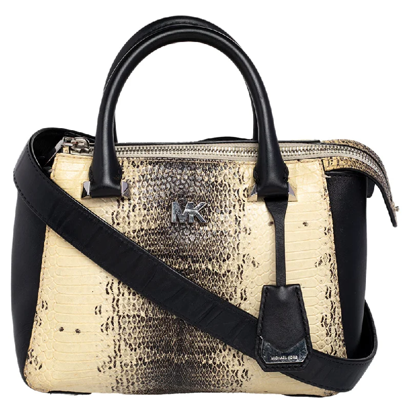 medium-sized Michael Michael Kors satchel bags for everyday office useBeige/Black Python Embossed And Leather Satchel