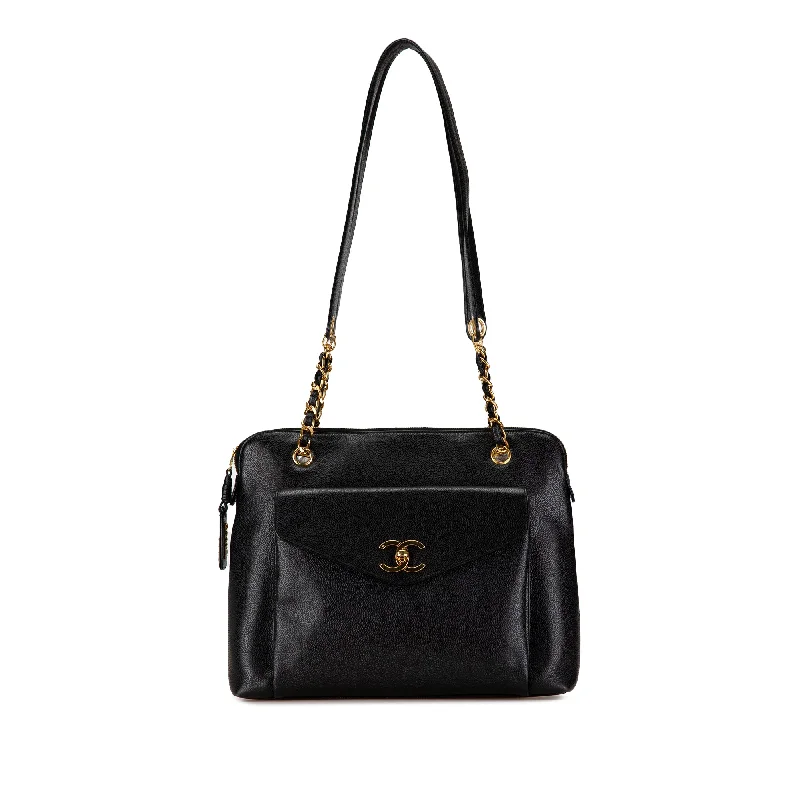 Black Chanel Caviar Front Pocket Chain Tote