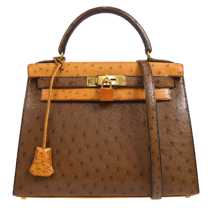 Hermès Kelly Bags with a front - pocket for quick - access itemsHERMES * 1994 KELLY 28 SELLIER Fauve Chestnut Ostrich