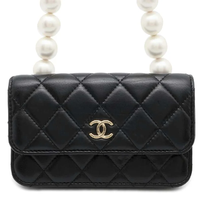 Chanel bags available at online luxury retaileCHANEL matelasse pearl chain wallet Black AP1839 Lambskin