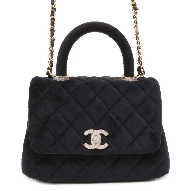 Chanel bags with gold, silver, and pearl accentsCHANEL Coco Handle Rhinestone 2WAY Handbag Black Velvet Size XXS