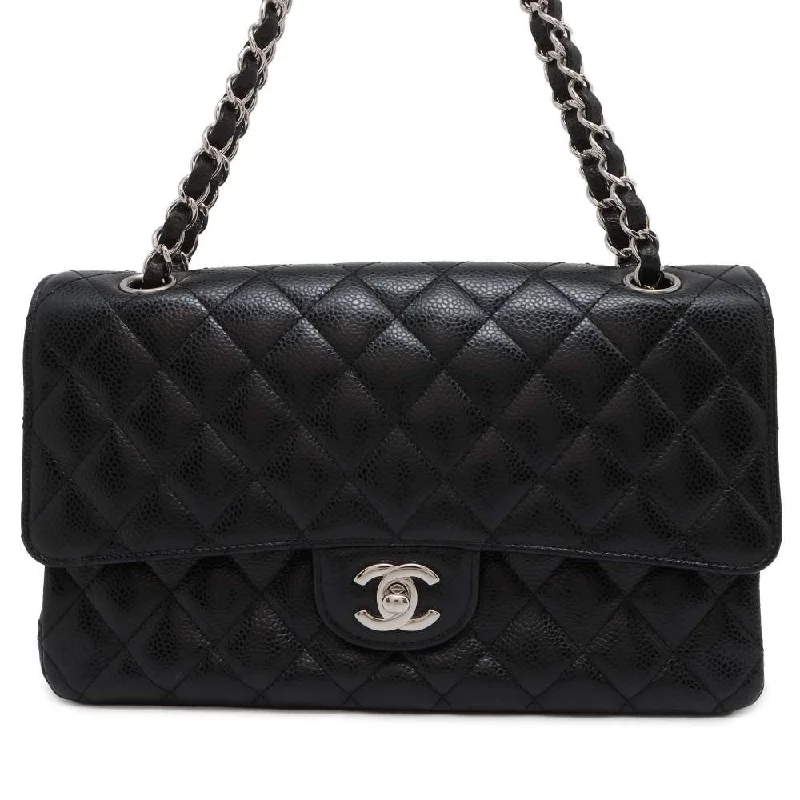 Chanel Quilted Leather Shoulder Bag for FashionistasCHANEL Matelasse W Flap ChainShoulder Bag Black A01112 Caviar Leather Size 25