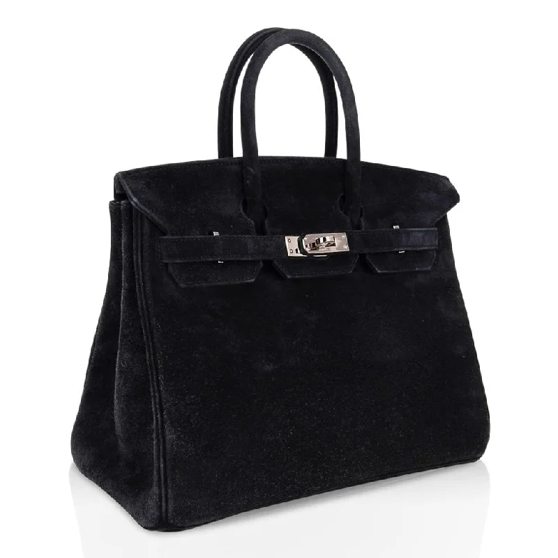 Hermes Birkin Bags with a Leather - Bound Handle for DurabilityHermes Birkin 25 Bag Black Doblis Suede with Palladium Hardware