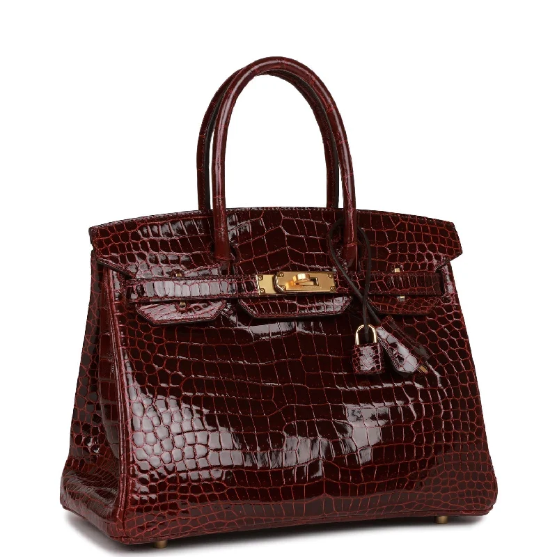 Hermes Birkin Bags with a Contrast - Stitched Handle for Added StyleHermes Birkin 30 Bordeaux Shiny Porosus Crocodile Gold Hardware