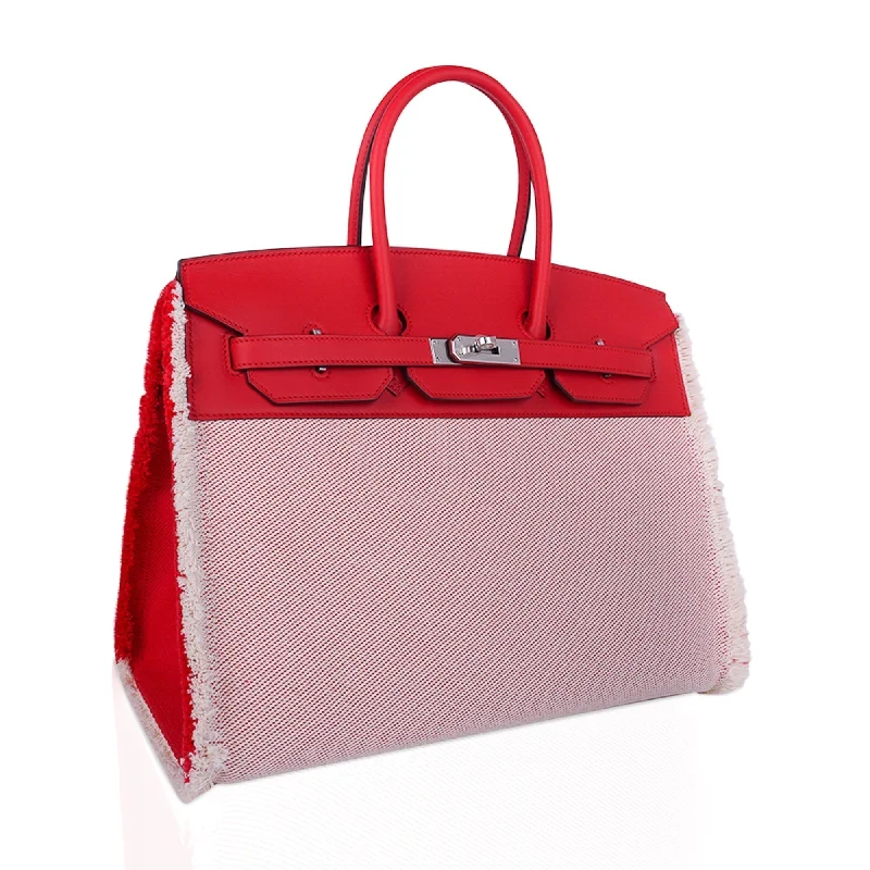 Hermes Birkin Bags with a Hand - Painted Monogram DesignHermes Limited Edition Birkin 35 Bag Fray Fray Framboise Toile & Swift Leather with Palladium Hardware