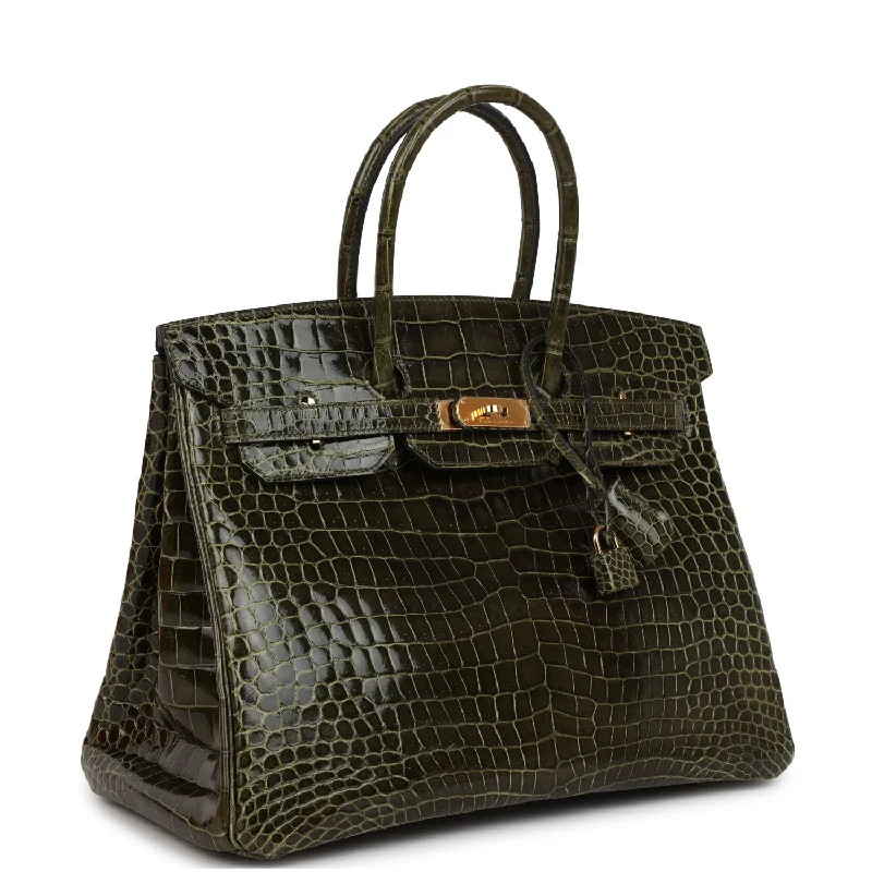 Hermes Birkin Bags with a Contrast - Stitched Handle for Added StyleHermes Birkin 35 Vert Veronese Shiny Porosus Crocodile Gold Hardware