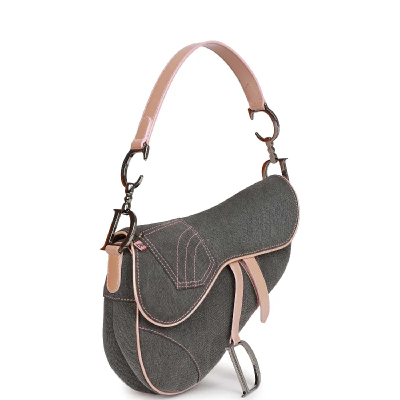 Christian Dior Saddle bags with a patent leather finish for a shiny lookChristian Dior Saddle Bag Grey Denim and Pink Metallic Leather Silver Hardware